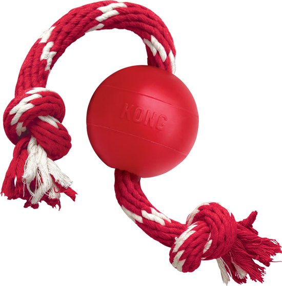 Rode Kong bal met rood-wit gevlochten touw, met geknoopte uiteinden.
