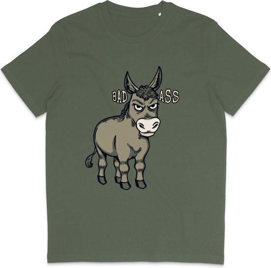Grappig Heren Dames T Shirt - Badass Ezel - Khaki Groen - S
