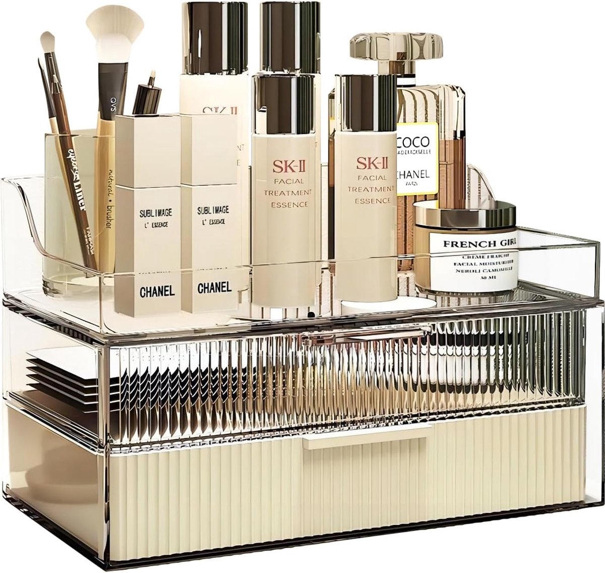 Make-up cosmetische organizer met laden, stofdichte drielaagse cosmetische opslag, kaptafelorganizer met grote capaciteit, cosmetische organizer voor slaapkamer, badkamer (crème)