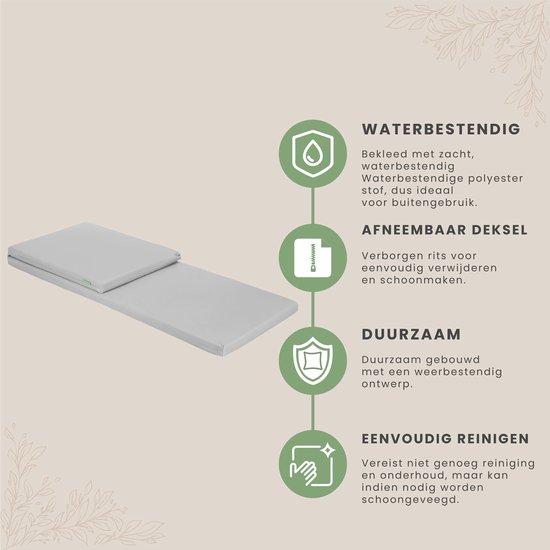 Grijs ligstoelkussen met iconen voor waterbestendigheid, afneembare hoes, duurzaamheid en reiniging.