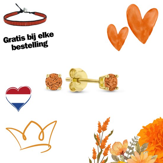 New Bling 9NB-1154 Zilveren Oorknopjes met Zirkonia Steentje 3mm - Koningsdag - Oranje - Zilver - Verguld/Goud op Zilver