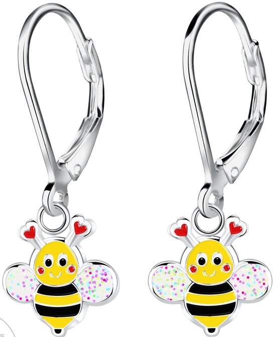 Joy|S - Zilveren Bij bedel oorbellen - geel zwart bijtje met witte glitter vleugeltjes - leverback sluiting
