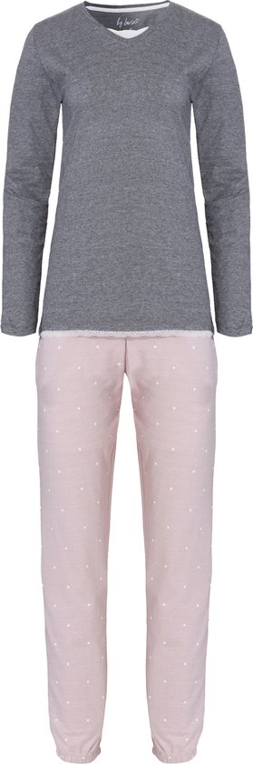 By Louise Dames Pyjama Set Lang Katoen Grijs / Roze - Maat S