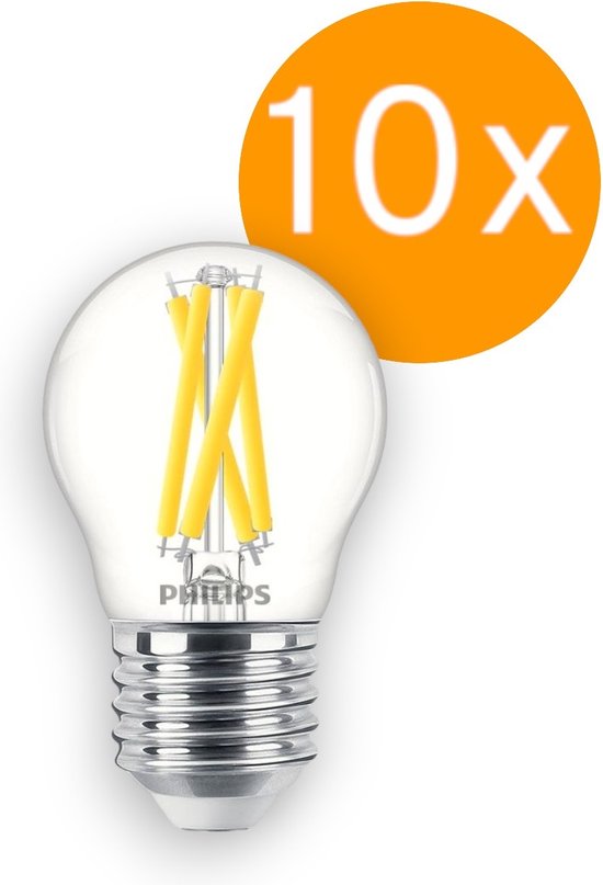 Doos 10 stuks Philips filament LED Kogellamp E27 3.5W/927-922 470lm Helder DimTone Cri90 P45