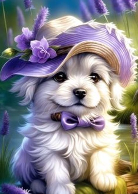 Denza - Diamond painting lief hondje met hoed 40 x 50 cm volledige bedrukking ronde steentjes direct leverbaar - dog hond