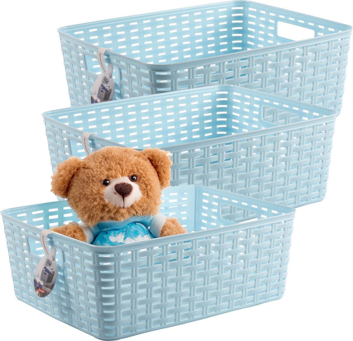 PLASTICFORTE Opbergmand - 3x - Kastmand - rotan kunststof - lichtblauw - 12 Liter - 30 x 37 x 13 cm