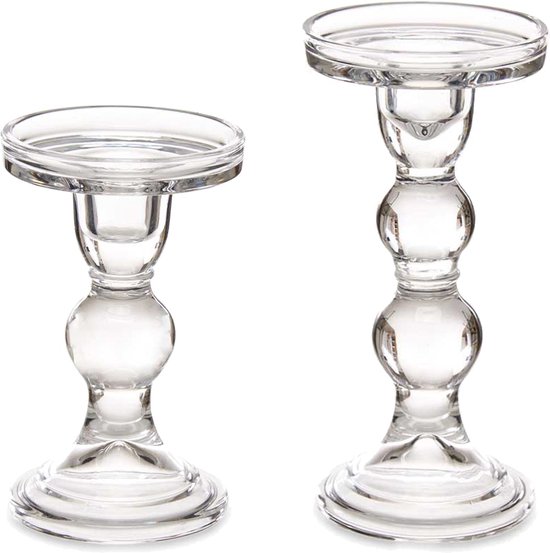 Giftdecor Kaarsen kandelaar set van decoratief glas - voor stompkaarsen - 18 en 14 cm in hoogte