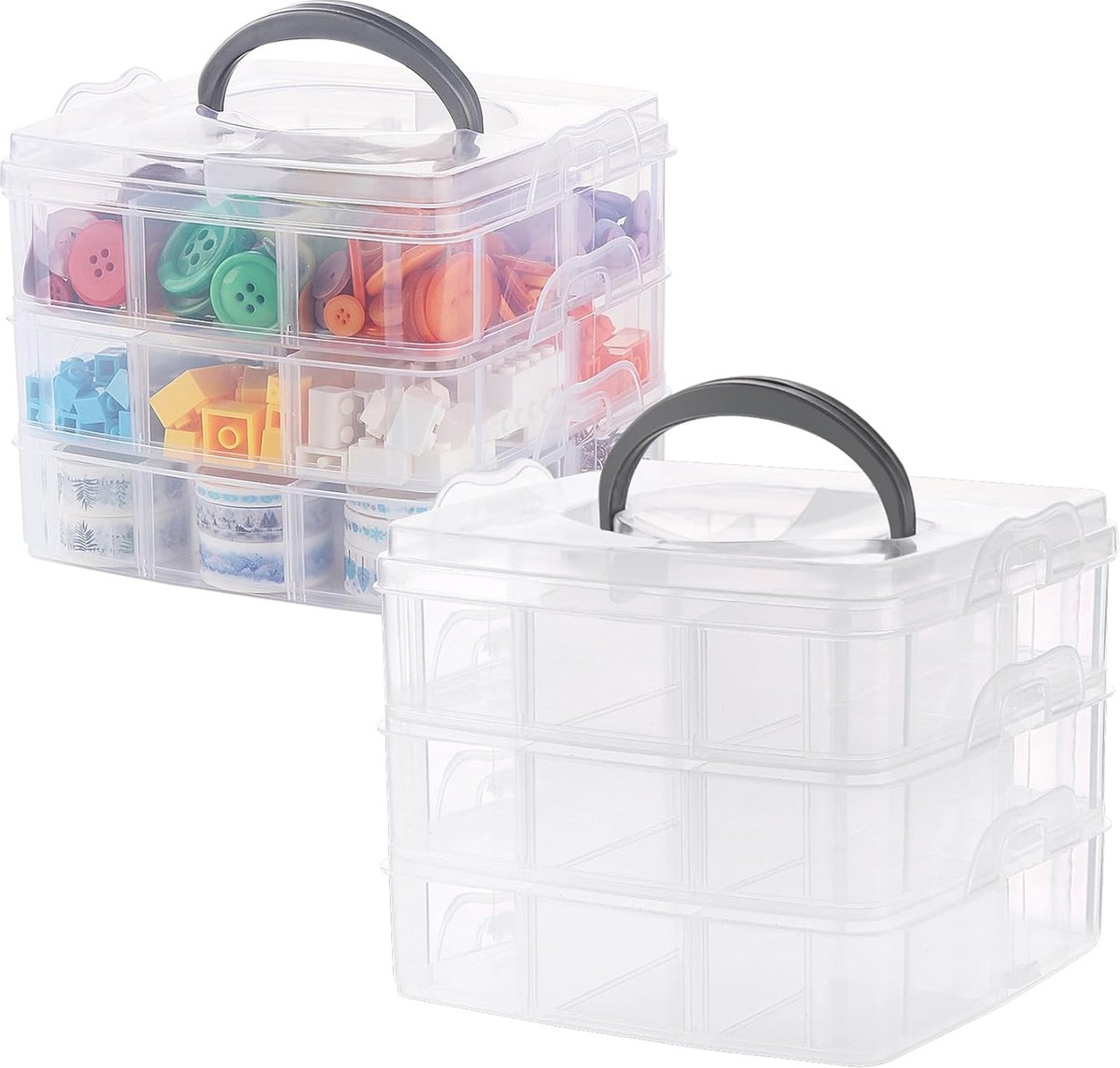Opbergdoos met 2 vakken met draaggreep 3 x 6 vakken plastic opbergdoos transparant stapelbaar voor het organiseren van naaigaren spoelen kralen sieraden speelgoed
