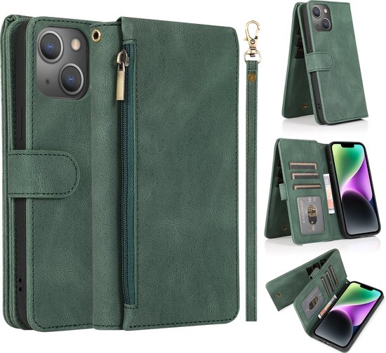 Groen kunstleren telefoonhoesje met rits en polsband, geopend om kaarten te tonen, en andere weergaven van het gesloten hoesje.