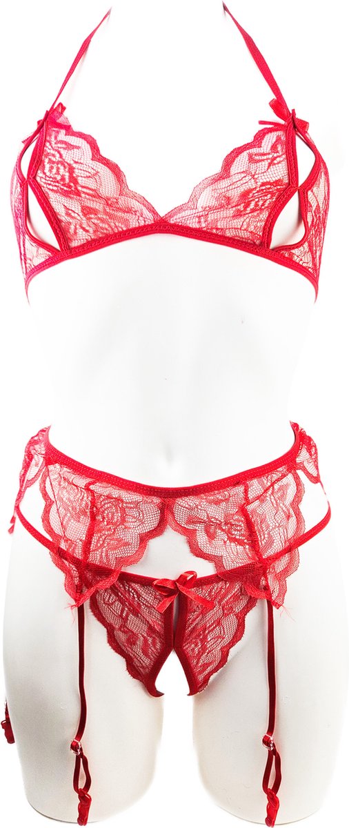 Goedkoopste BamBella ® - Sexy Erotische Lingerie set met jarretel clips onesize Dames Rood