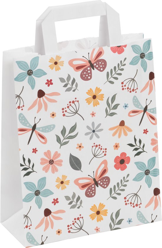 25 x Draagtassen "Butterfly" Van Gekleurd Kraftpapier Met Platte Oren 22x10x28cm / Kraft Papieren Tasjes Met Handvat/ Cadeautasjes met vlak handgrepen / geschenkzakjes ideaal voor verjaardag, winkelen bloemen lente