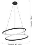 Diagram van een zwarte hanglamp met 2 ringen, 70cm diameter en 150cm hoogte