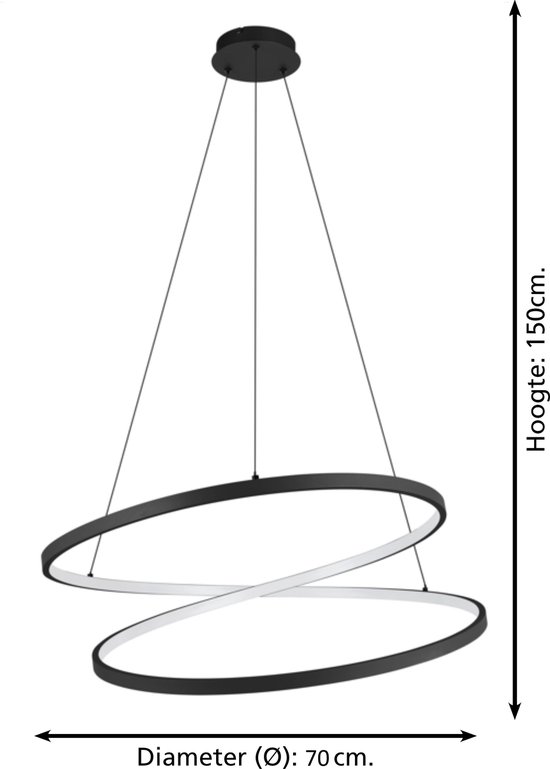 Diagram van een zwarte hanglamp met 2 ringen, 70cm diameter en 150cm hoogte