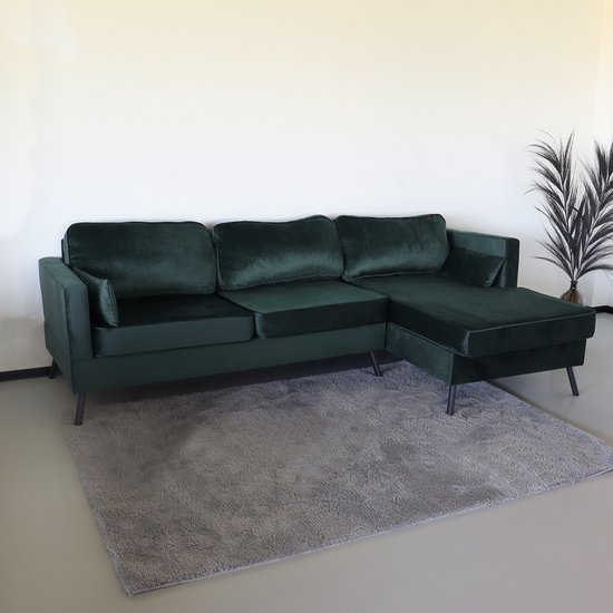 Canapé d'angle design Lizza 269 cm, canapé de salon en velours vert foncé, canapé gauche et droit