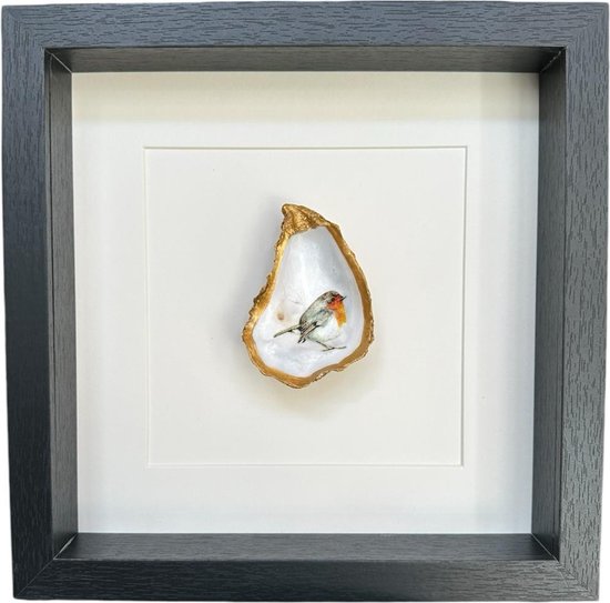 Mijn Pronkstuk - Gouden oester met roodborst - ingelijst - 25x25 cm - wit achtergrond - Fotolijst - Goud