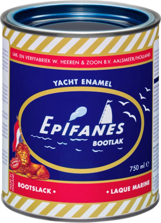 Blik Epifanes Yacht Enamel Bootlak met gouden en witte strepen. Geopend met blauwe binnenkant.