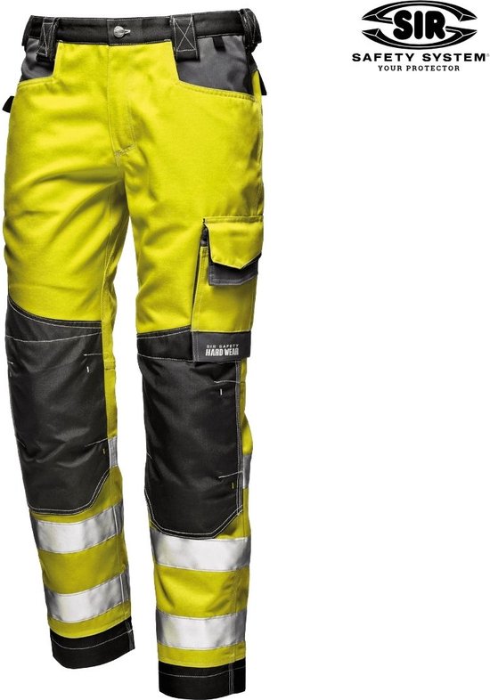 Pantalon de travail haute visibilité jaune et noir avec des rayures réfléchissantes sur les mollets.