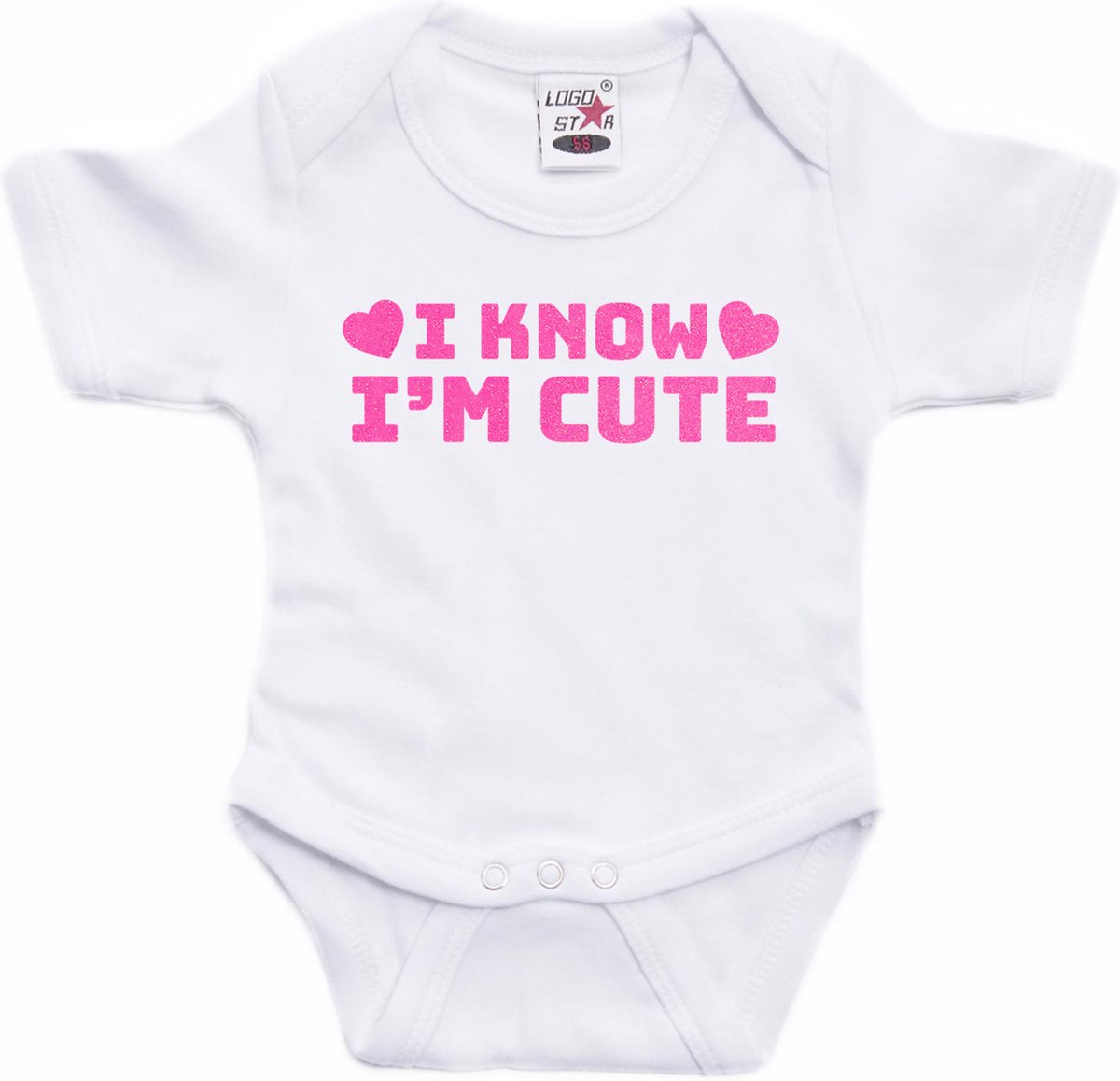 Bellatio Decorations Baby rompertje - i know i'm cute - roze - glitter - kraam cadeau 92