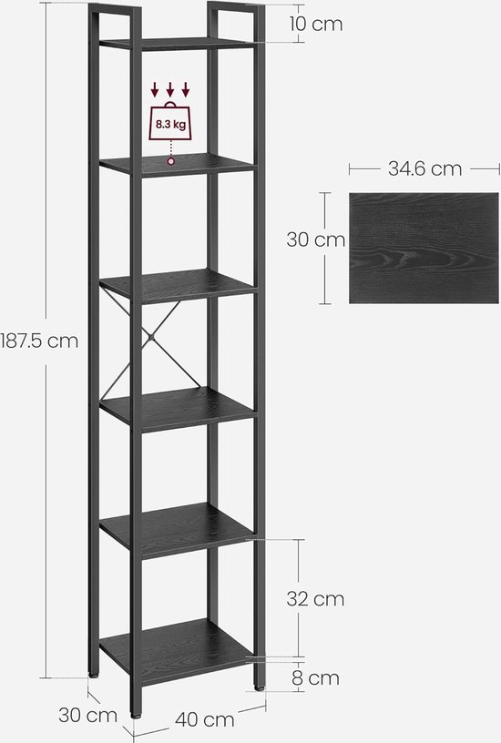 Signature Home Hoog boekenkast - staand rek - boekenrek met 6 niveaus - zwart - 30 x 40 x 187,5 cm