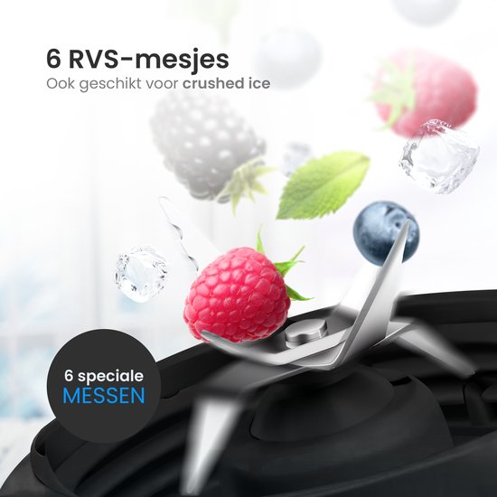 Close-up van de 6 roestvrijstalen messen van een KitchenApp blender, met frambozen, bosbessen, bramen en ijsblokjes eromheen.