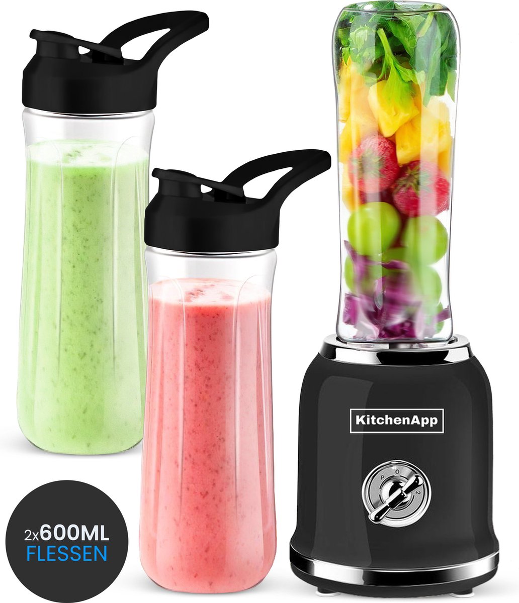 KitchenApp Blender to go - Retro blender - Smoothie maker - Inclusief twee bekers en meerdere accessoires - Zwart