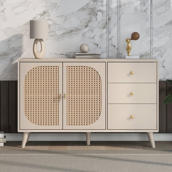 Sweiko Woonkamer ladekast, opbergkast, zijpaneel, TV tafel, met deuren en lades, met grote opbergruimte, beige, breedte 120 cm