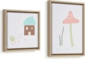 Kave Home - Set van 2 schilderijen Leshy blauw huis en roze paddestoel 30 x 30 cm / 30 x 40 cm
