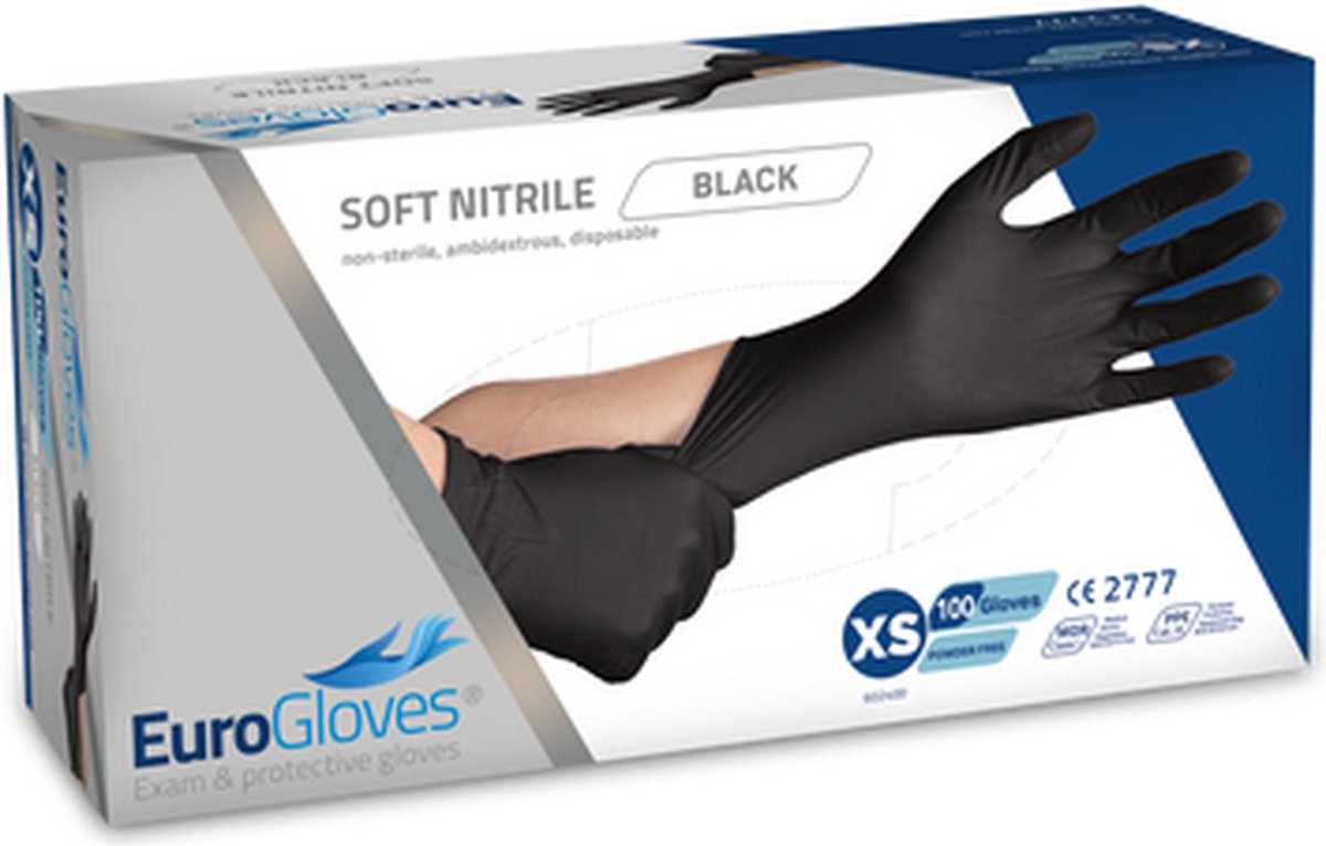 Goedkoopste Eurogloves handschoenen soft-nitrile poedervrij zwart - XS- 4 x 100 stuks voordeelverpakking