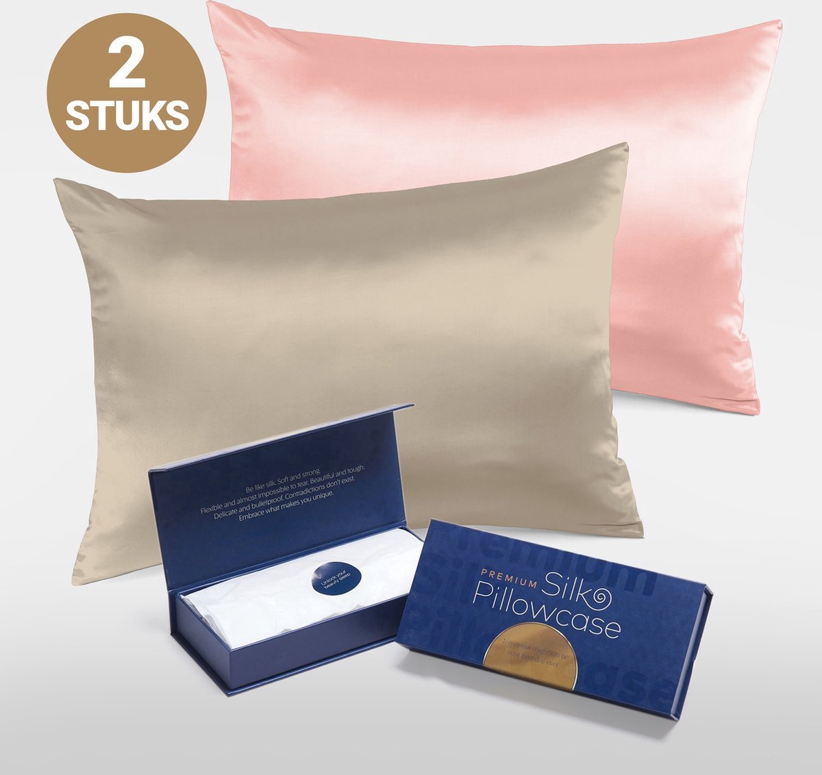 Slowwave Premium Silk Pillowcase - Colorpack: Cherry Blossom (Roze) en Champagne - 100% Moerbeizijde - 22 momme - Hoogste kwaliteit (grade 6A) - 60x70cm