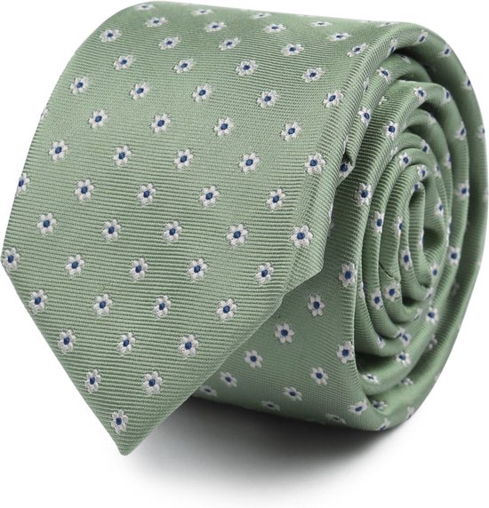 Suitable - Stropdas Zijde Mini Bloem Groen - Luxe heren das van 100% Zijde - Bloem