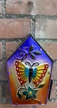 Metalen (tuin) decoratie theelicht houder met glazen vlinder "huisje" - meerkleurig - excl. theelicht - hoogte incl. ketting 36 x 18 x 9 cm - Woonaccessoires - Tuinaccesoires