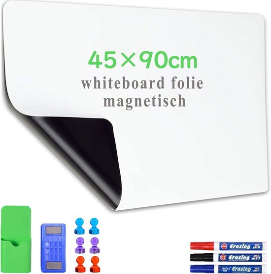 Flexibel whiteboardfolie, A4, herbeschrijfbaar, magnetisch, afwisbaar magneetbord, wit, met 3 markers en spons, veelzijdig prikbord, magnetisch voor thuis, kantoor en school