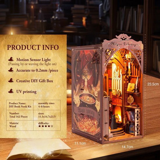 Bouwpakket Boekensteun Booknook Magic Library met licht sensor- MDF