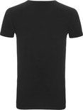 Zwarte t-shirt met ronde hals, achterkant zichtbaar.