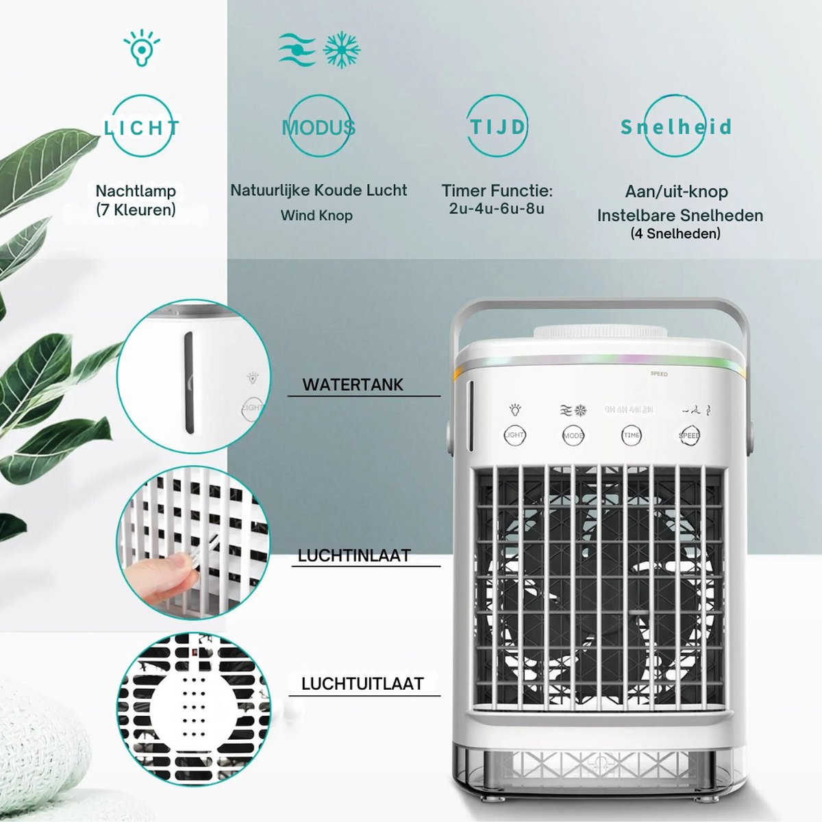 Mobiele airco zonder Slang & Afvoer- 3-in-1 - 4 Snelheden - Mini Ventilateur - Draagbare Aircooler - LED Verlichting- Aircoventilatoren - Voor Slaapkamer & Woonkamer - Wit – foto 4