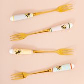 Yvonne Ellen London - fourchette à pâtisserie - set/4 - manche en porcelaine - couleur or - abeille - couleurs pastel