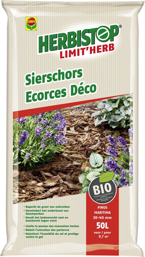 Zak sierschors Ecorces Déco met Pinus Maritima 20-40 mm, 50L. Compo HerbiStop Limit'Herb.