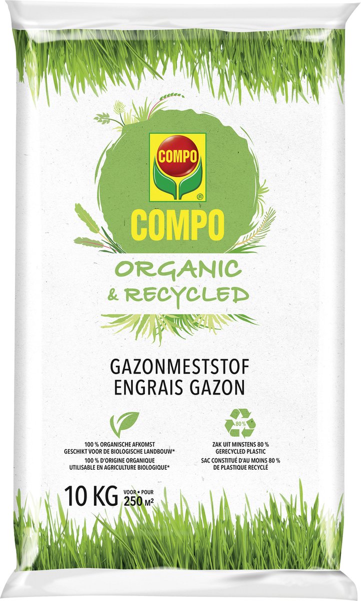 COMPO Organic & Recycled Gazonmeststof - 100% organisch - bevordert de groei van het gazon - aangename geur - zak 10 kg (250 m²)