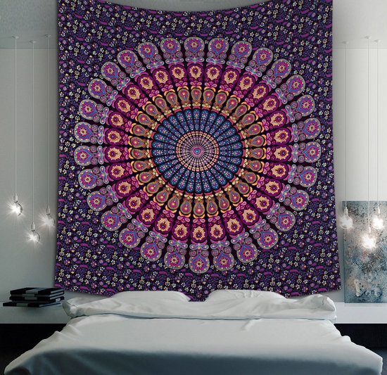 Wandkleed - paars/roze/geel - Mandala muurkleed - wand decoratie - duurzaam katoen - 220x210