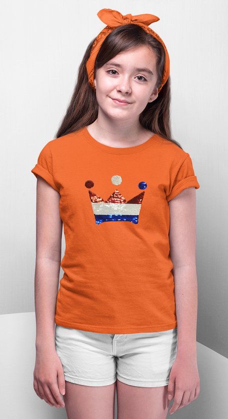 T-shirt kinderen Kroontje met magic sequence | Oranje Shirt | Koningsdag Kleding | Oranje | maat 128