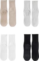 4 Paar - Dames Antislip Sokken - Yoga Sport sokken - Beige Lichtgrijs Effen - Maat 35-38