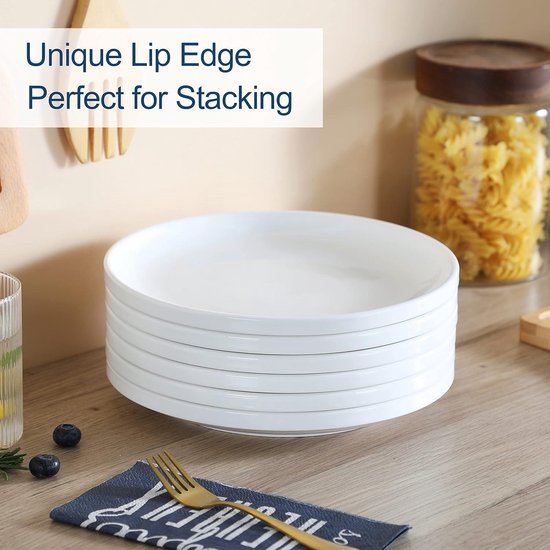 Witte borden schotelset voor dessert 8 inch borden set voor 6 ronde borden met lipranden keramische platen magnetron en vaatwasmachinebestendig borden set van Witt — afbeelding 4