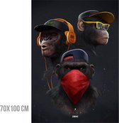 Allernieuwste.nl® Peinture sur toile 3 singes : Entendre voir parler silencieux GangsterArt - Graffiti moderne - Salon - Affiche - 70 x 100 cm - Couleur