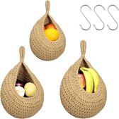 Fruitmand Hangend - Muurmand, Hangmand 3 stuks met 3 haken, Hangmanden, Opbergmanden, Gevlochten Opbergmand, Hangmand Keuken, Woonkamer, Badkamer (jute mand)