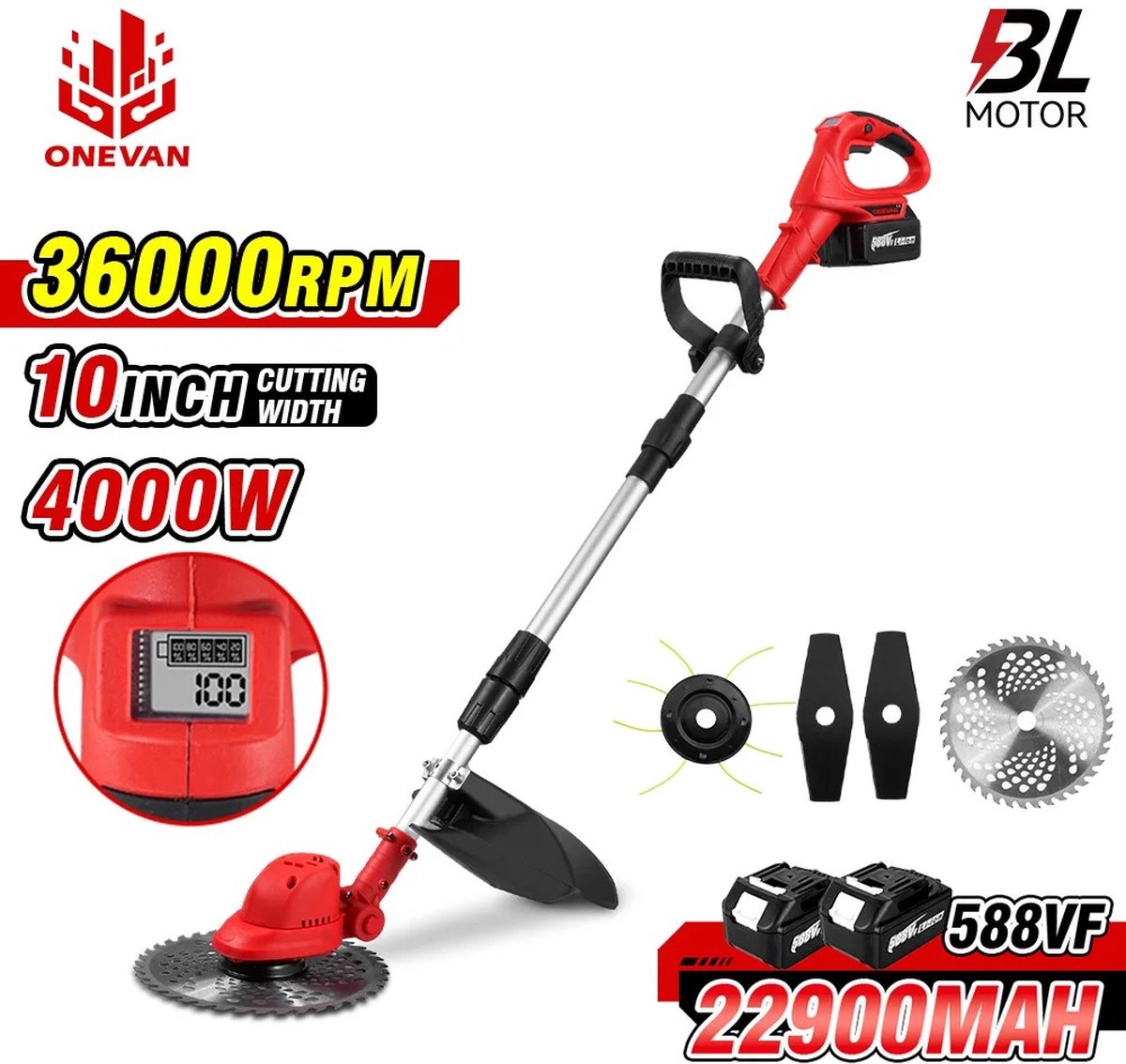Grasmaaier - Grastrimmer - Incl 2 Accu´s & Oplader - Onkruid - Maaier - Kantelmaaier - Rood
