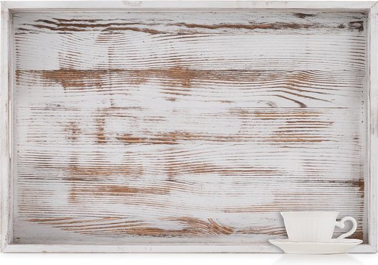 Decoratief dienblad groot: houten dienblad rechthoekig extra groot rustiek wit hout decoratief dienblad met handvat serveerplaten XXL landhuis voor poef woonkamer keuken 55x40 cm