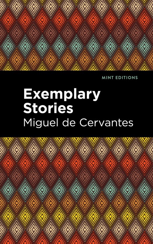 Boekomslag met ruitpatroon in oranje, bruin, groen en geel. Titel: Exemplary Stories, Auteur: Miguel de Cervantes.
