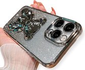 Telefoonhoesje Glitter - Geschikt voor iPhone 14pro Max - Met 3d luxe beer standaard - Schokbestendig - Transparant - Kleur Zilver