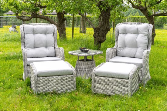 Foto: Tuinset kyoto 2 loungestoelen met voetenbankjes bijzettafel polyrotan grijs