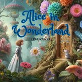 Alice in Wonderland boekomslag met een meisje in een grijs-blauwe jurk die naar een deur kijkt met een muis ernaast, omringd door bloemen en paddenstoelen.